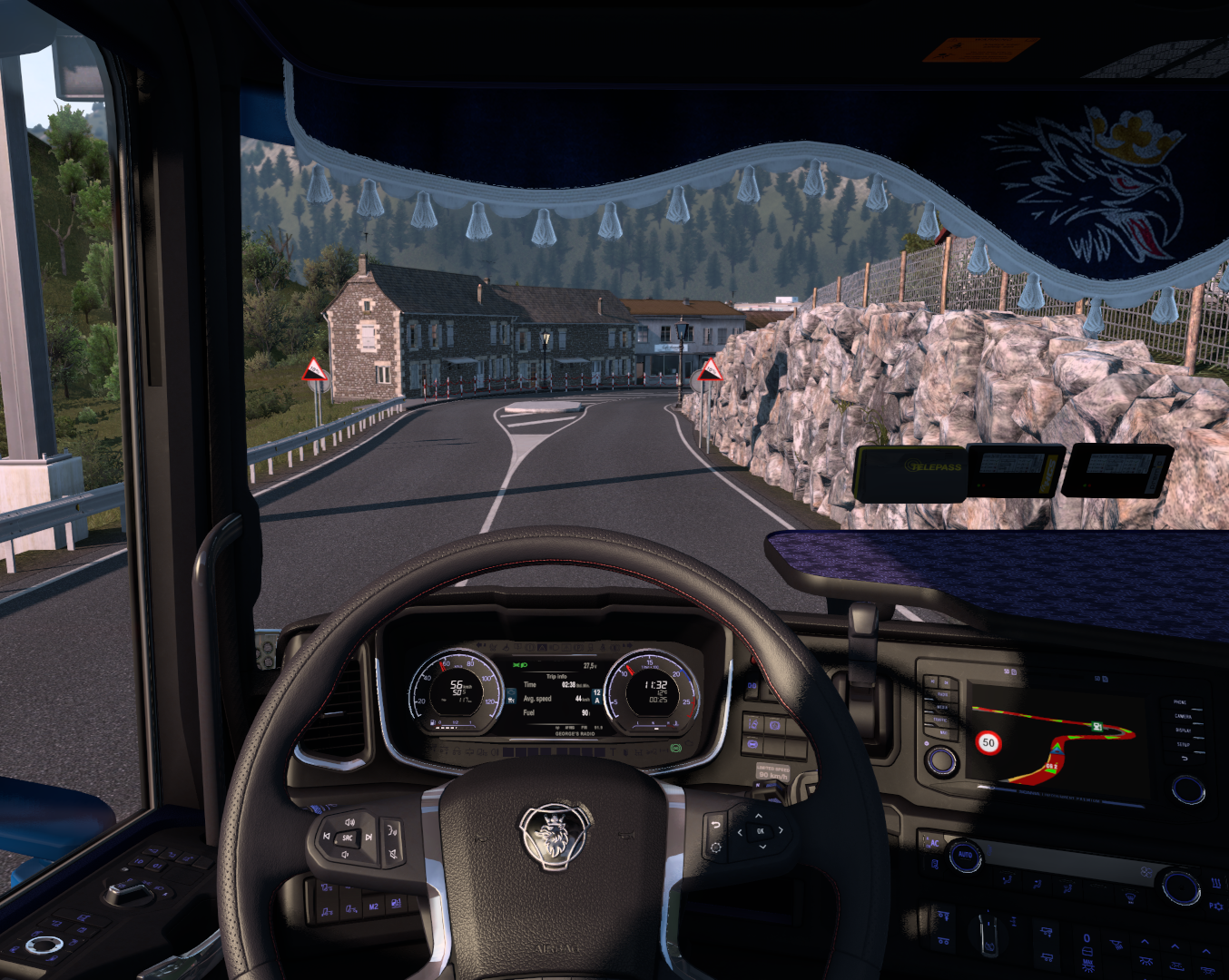 
                    
                        ETS2 Screenshot - Cockpit and street in france, with view on the dashboard trip info
                    
                ;