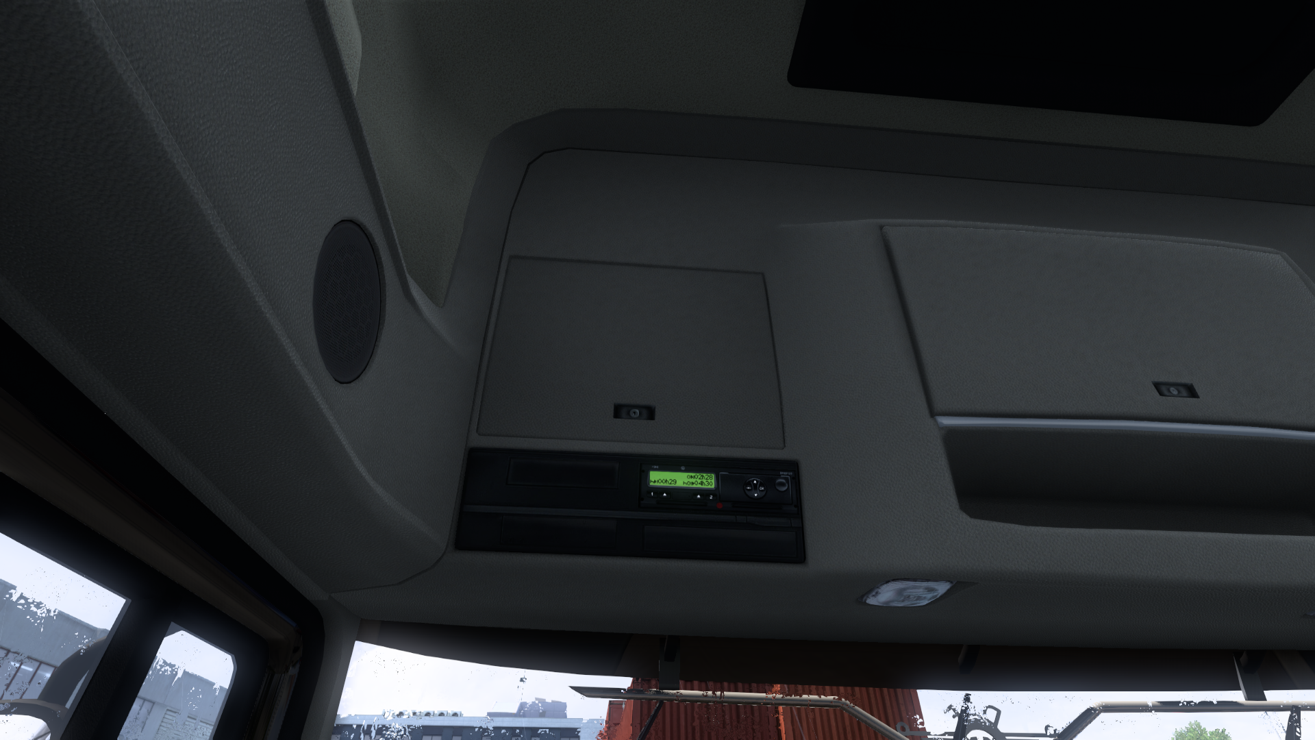 ETS2 Screenshot - Cockpit and street in france, with view on the dashboard trip info
;