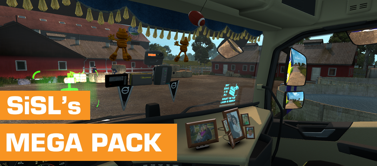 Sisl's Megapack image - Screenshots Volvo truck cabin with accessoires from the megapack, like Garfield, toll boxes, lightsign or picture frames.